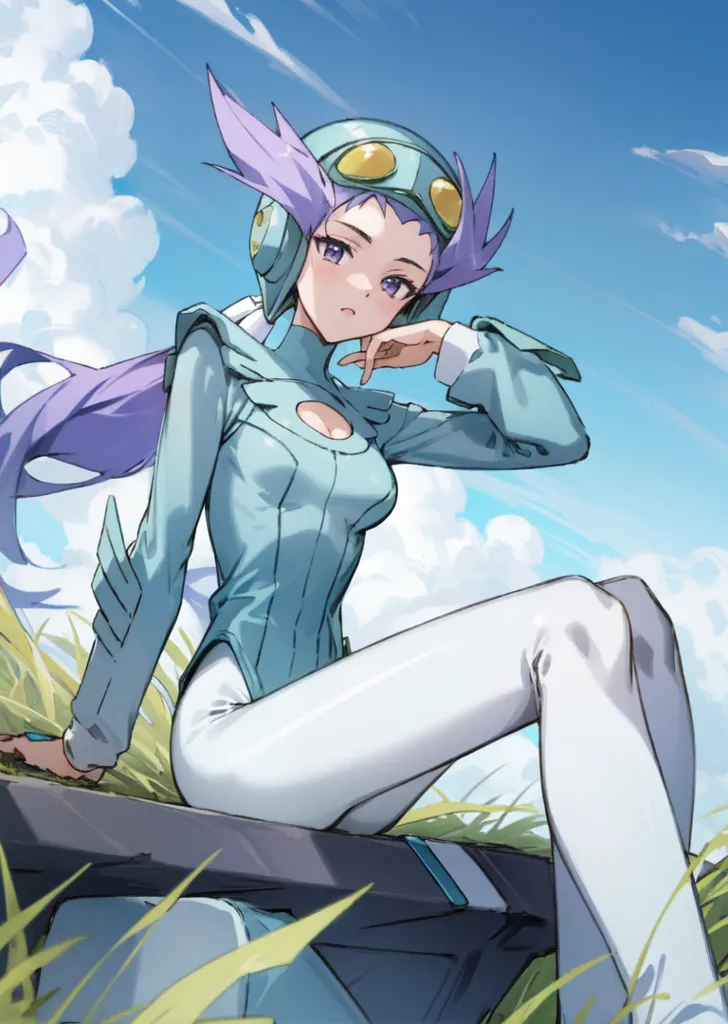 This image shows a young woman with purple hair and violet eyes. She is wearing a light blue jumpsuit with white gloves and boots. She also has a white helmet with green goggles. She is sitting on a grassy hill, with her legs crossed and her hand on her chin. In the background, there is a blue sky with white clouds.