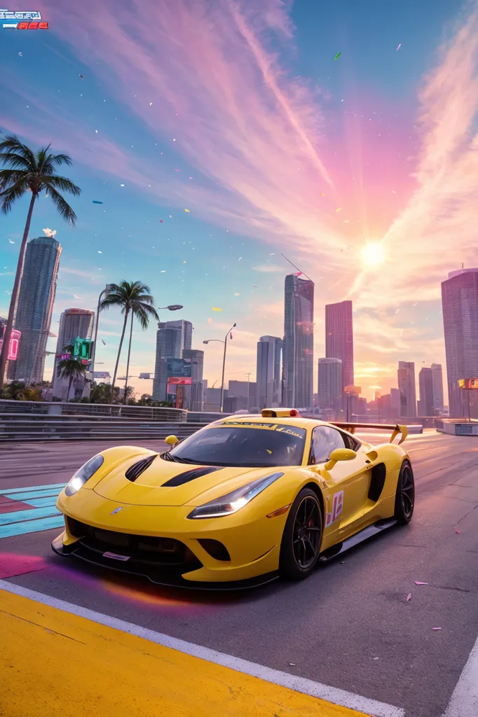 Esta é uma foto de um carro esportivo amarelo com aros pretos dirigindo em uma estrada em uma cidade. O carro está cercado por palmeiras e edifícios. O céu tem uma cor laranja e amarela brilhante. O carro está desfocado e o fundo está em foco.