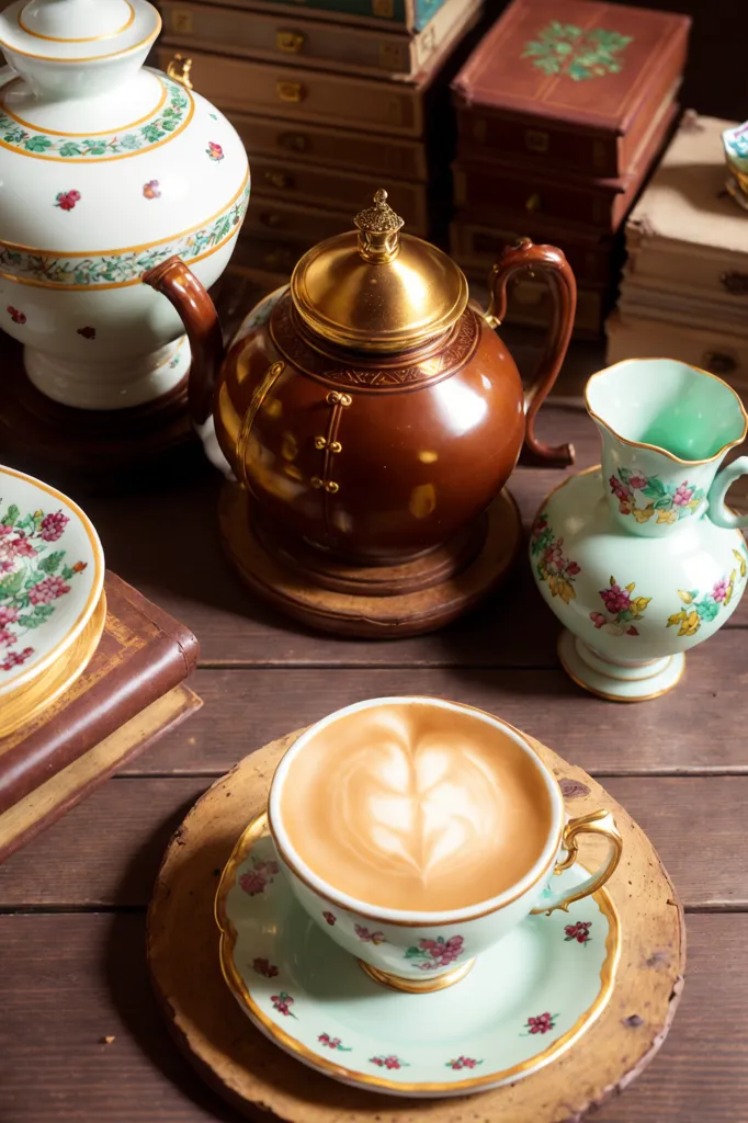 The image is a still life of a table set with tea and coffee. There is a brown teapot, a white and green patterned teacup with a saucer, and a green vase. The table is made of wood and there are books and other objects in the background. The image is warm and inviting.