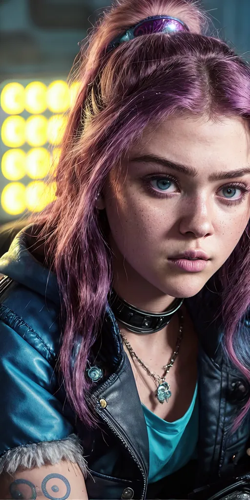 The image shows a young woman with purple hair, blue eyes, and freckles. She is wearing a blue leather jacket, a turquoise shirt, and a black choker with a pendant. There is a tattoo on her left arm. She is looking at the camera with a serious expression. There are out of focus yellow lights in the background.