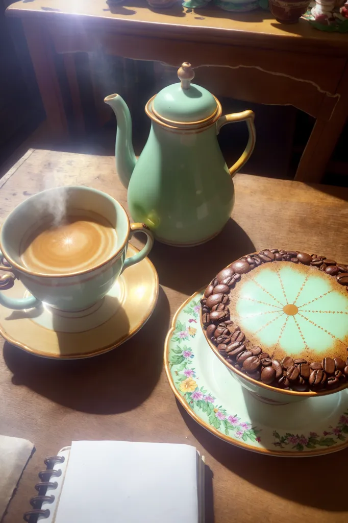 The image is of a table with a cup of coffee, a teapot, and a saucer with a small cake on it. The coffee cup is white and green with a gold rim, and the saucer is white with a floral pattern. The teapot is green with a white lid and a gold knob. The cake is brown and has a design made of coffee beans on top. There is a notebook on the table to the left of the cup and saucer. The table is made of wood and has a light brown finish. The background is a wall with a white chair rail and a brown wall above it.