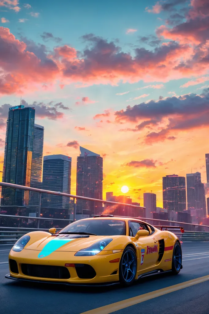 Um carro esportivo amarelo está dirigindo em uma ponte ao pôr do sol. O carro está em primeiro plano e está de frente para o observador. O fundo é uma paisagem urbana com edifícios altos e um sol poente. O céu é um gradiente de laranja, amarelo, rosa e azul. O carro está refletindo as cores do céu.