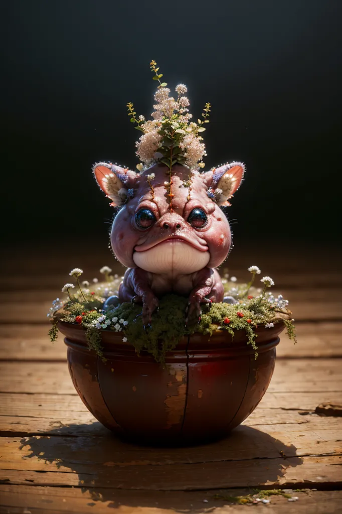 The image shows a small, pink creature with large eyes and a flower-like crown on its head. It is sitting in a wooden bowl filled with moss and other greenery. The creature's skin is pink and bumpy, and it has four small legs. The flowers on its head are white and delicate, and they seem to be growing out of its skin. The creature is sitting in a dark room, and the only light comes from a small light source on the right side of the image. The light is casting shadows on the creature and the bowl, and it is creating a sense of mystery and intrigue.