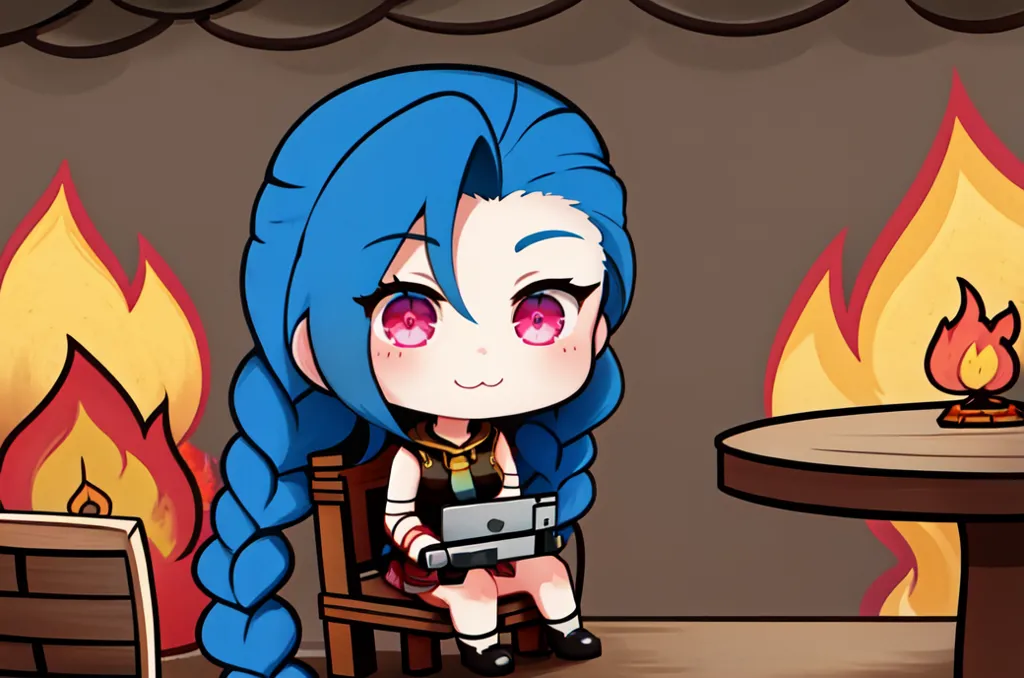 This is an image of Jinx from the League of Legends video game. She is sitting in a chair in front of a table with a lit candle on it. There are flames coming out of the fireplace behind her. She is holding a Nintendo Switch and smiling.