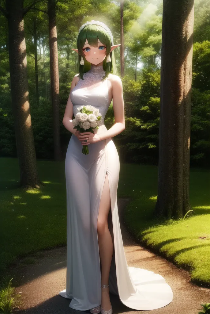 The image is of a beautiful elf woman with long green hair and emerald green eyes. She is wearing a white wedding dress with a thigh-high slit and a sweetheart neckline. The dress is made of a light, gauzy fabric and has a long train. She is carrying a bouquet of white roses with greenery. The woman is standing in a forest, surrounded by tall trees. The sun is shining through the trees, creating a dappled pattern on the ground.