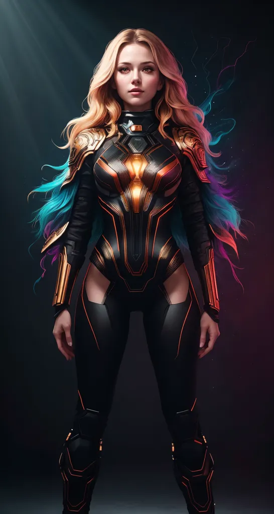 The image shows a woman wearing a black and gold bodysuit. The bodysuit has a high collar and long sleeves. There is a gold design in the middle of the bodysuit that goes from the collar down to the waist. The woman has long blond hair and blue eyes. She is also wearing a pair of black boots. She has a serious expression on her face. She is standing in a dark room with a spotlight shining down on her.