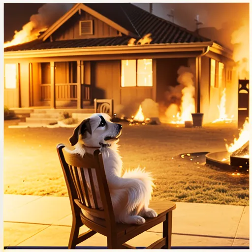 The image shows a dog sitting in a chair in front of a burning house. The dog is white and fluffy, and it is looking away from the fire. The house is made of wood, and it is engulfed in flames. The fire is spreading quickly, and it is likely that the house will be destroyed. The dog appears to be calm, and it is not clear if it is aware of the danger it is in.