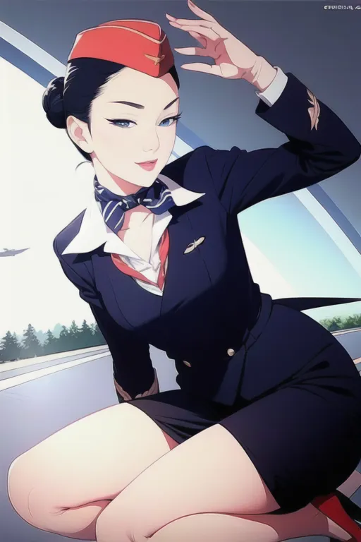 The image depicts an anime-style flight attendant with long black hair in a bun, blue eyes, and a beauty mark on her left cheek. She is wearing a navy blue suit jacket with a white blouse and red scarf with a golden pin. She also wears a red hat with a gold band and black pantyhose. She is kneeling on the ground with her right hand raised in the air. In the background, there is an airplane taking off.