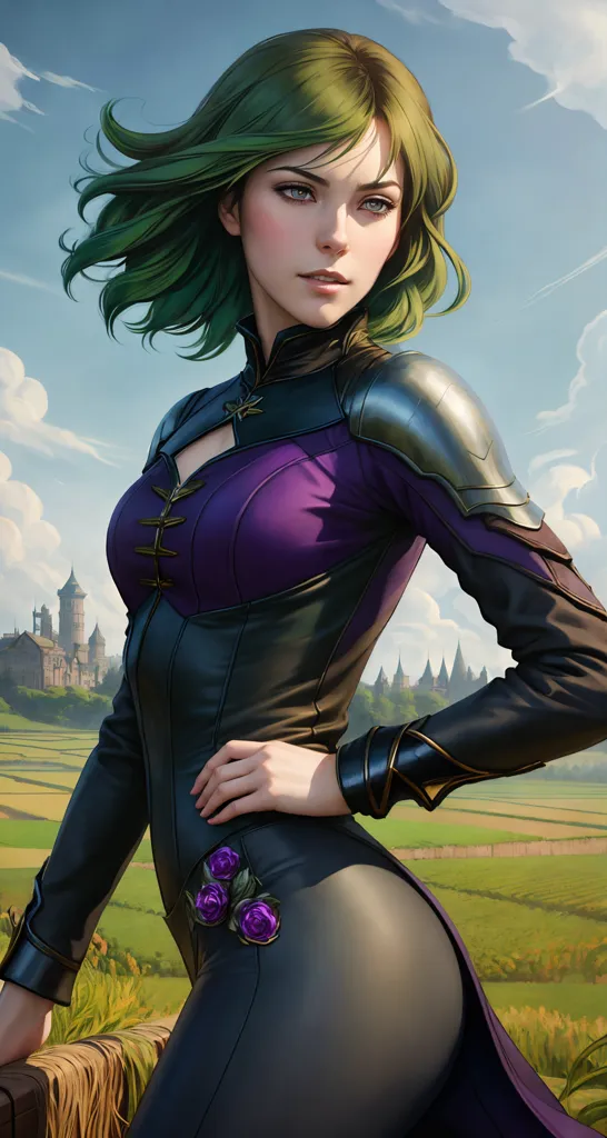 The image shows a woman standing in a field of wheat. She is wearing a purple and black outfit with silver armor and has green hair and brown eyes. She is looking at the viewer with a confident expression. In the background, there is a castle.