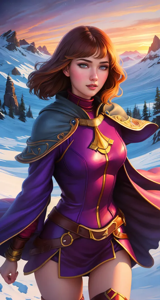 This is an image of a woman with long brown hair, blue eyes, and a purple outfit. She is wearing a purple cape and a purple and gold bodysuit. She is also wearing a brown belt and there is a gold necklace around her neck. She is standing in a snowy landscape with mountains in the background.