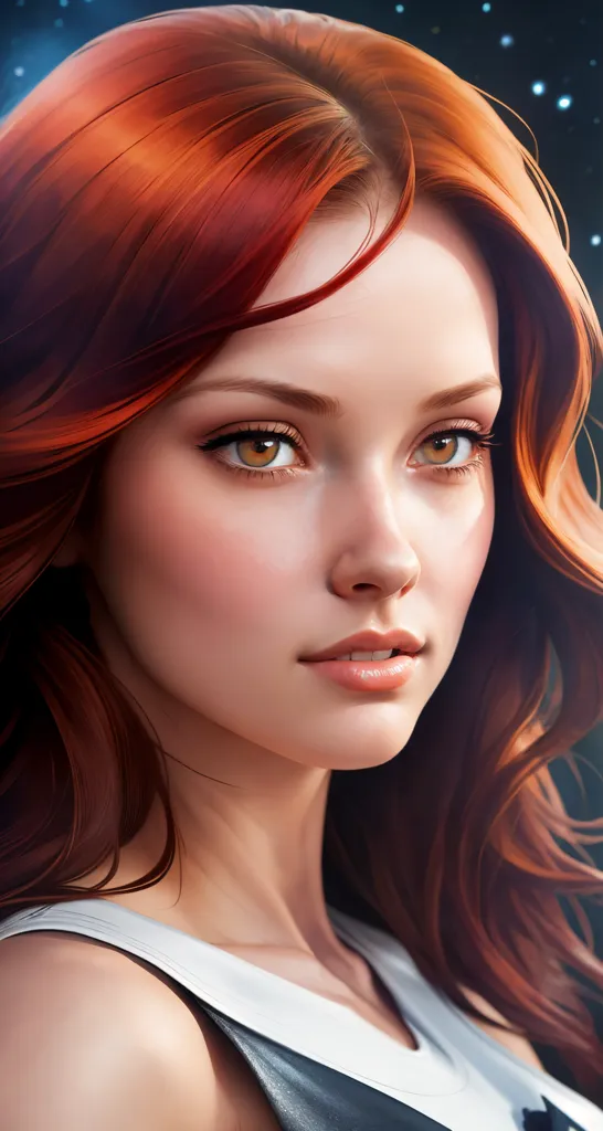 The image is a portrait of a young woman with long, wavy red hair. She has fair skin and light brown eyes. She is wearing a white tank top and has a serious expression on her face. The background is a dark blue with a starry night sky.