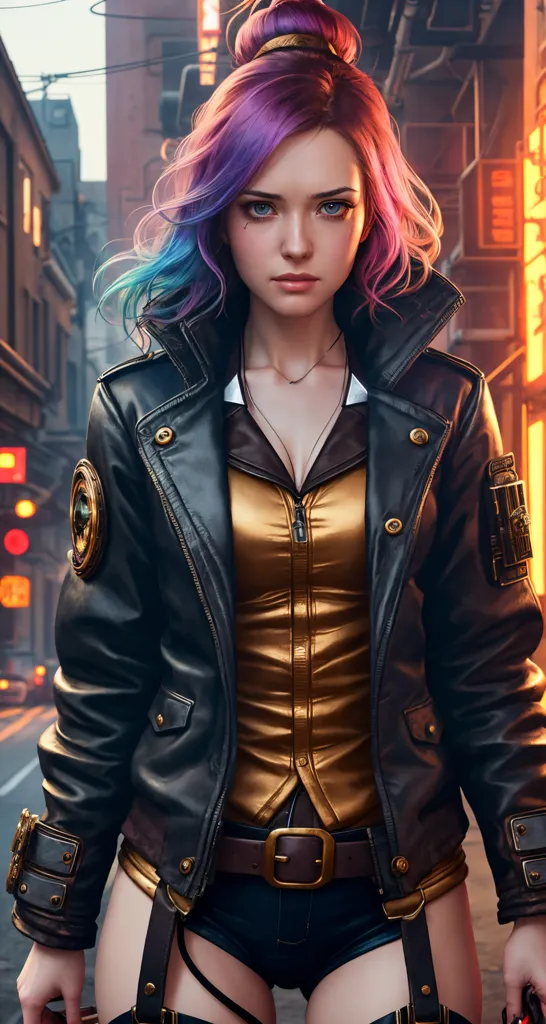 The image shows a young woman, probably in her 20s. She has a confident expression on her face and is looking at the viewer. She is wearing a black leather jacket with gold accents and a golden top underneath. She also has a belt with a large buckle around her waist and a pair of black shorts. Her hair is multicolored, with blue, purple, and pink streaks. She is standing in an urban setting, with a city street in the background.