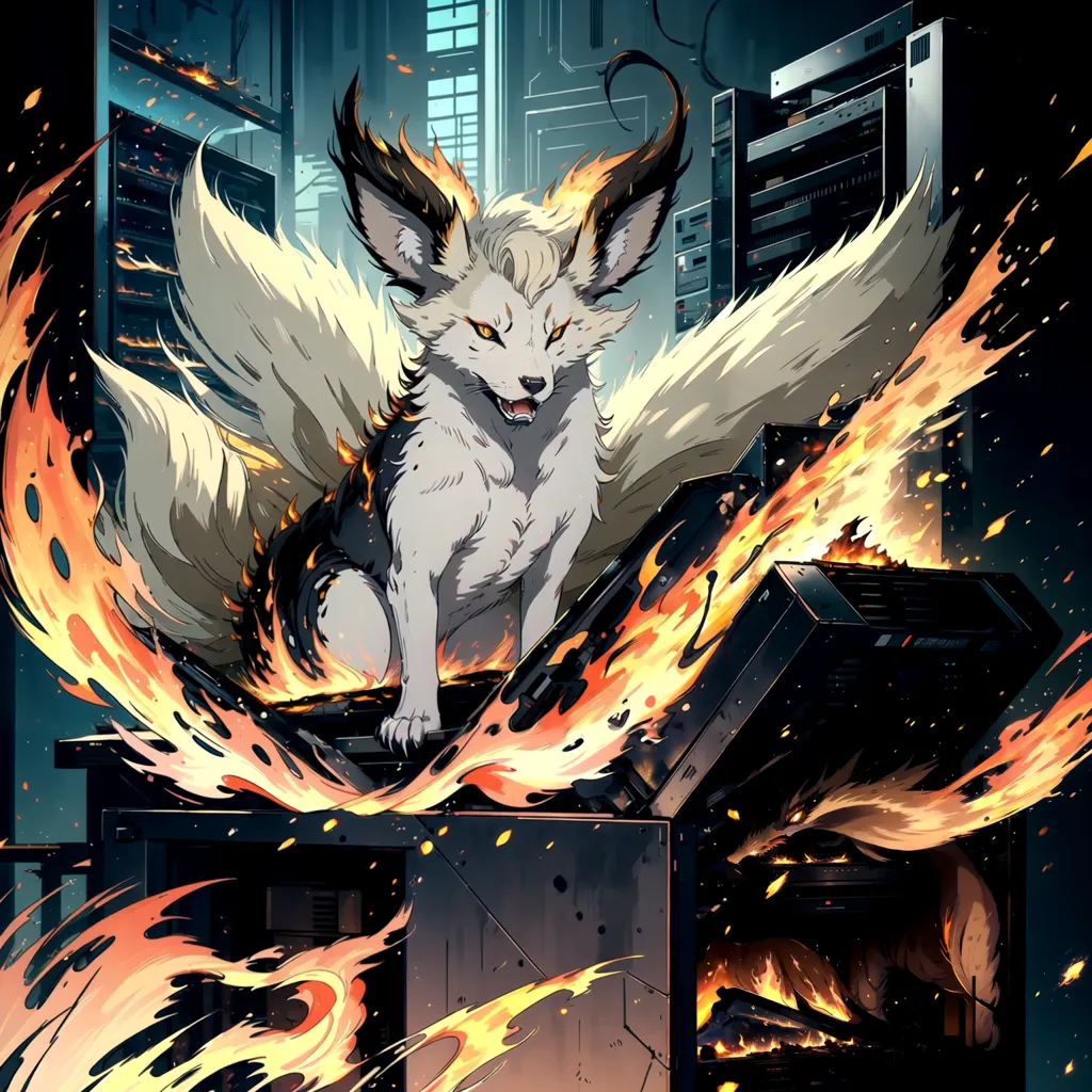 The image is a digital painting of a nine-tailed fox sitting on a pile of scrap metal. The fox is mostly white with grey and black markings on its face and paws. Its tails are a bright orange and yellow color and are spread out behind it like a fan. The fox is surrounded by flames, and there are several tall buildings in the background. The image is set in a dark and stormy night.