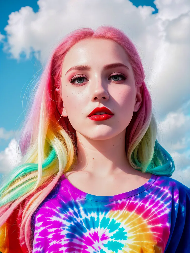 A imagem mostra uma jovem mulher com cabelos longos e ondulados. Seu cabelo é um arco-íris de cores, com rosa, verde, azul e amarelo sendo os mais proeminentes. Ela está usando uma camisa tie-dye e tem uma expressão serena em seu rosto. O fundo é um céu azul com nuvens brancas.