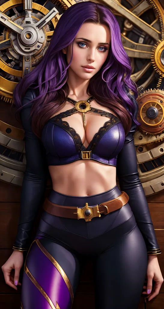 Esta é uma imagem de uma mulher em pé diante de um cenário steampunk. Ela está usando um traje roxo e preto com um corpete e um cinto. Ela tem cabelos longos roxos e olhos azuis. Ela está em pé com as mãos na cintura e olha para o espectador com uma expressão confiante.