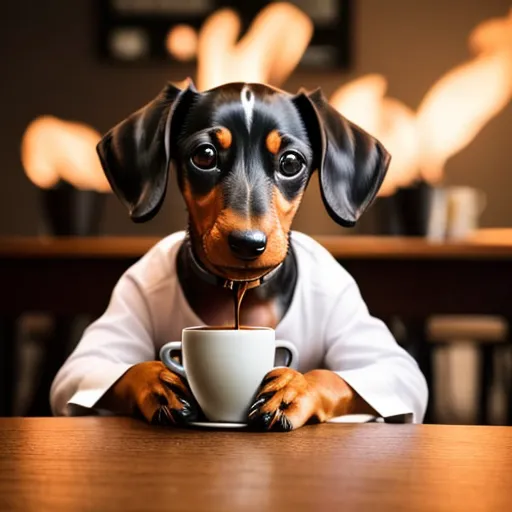 La imagen muestra un perro salchicha con una camisa blanca sentado en una mesa en una cafetería. El perro tiene las patas sobre la mesa y mira a la cámara. Hay una taza de café sobre la mesa frente al perro y parece que el perro está bebiendo de ella. El fondo de la imagen está desenfocado.