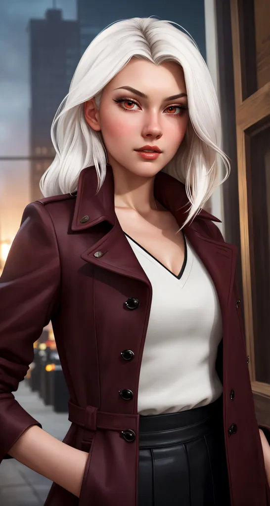 The image is a portrait of a young woman with white hair and orange eyes. She is wearing a white blouse, a brown leather jacket, and a black skirt. She has one hand in her pocket and is looking at the viewer with a serious expression. The background is blurry and looks like a city street at night.