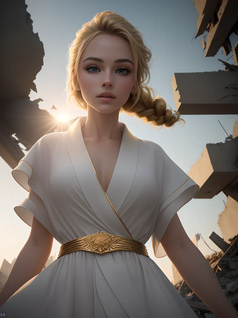 The image shows a beautiful young woman with long blond hair and blue eyes. She is wearing a white dress with a gold belt. She is standing in front of a ruined building. The sun is shining brightly behind her.