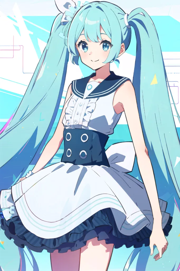 This is an illustration of a young woman with long, blue-green hair. She is wearing a white dress with a blue sash and a large blue bow in her hair. She has blue eyes and a friendly smile on her face. She is standing in front of a blue and white background.