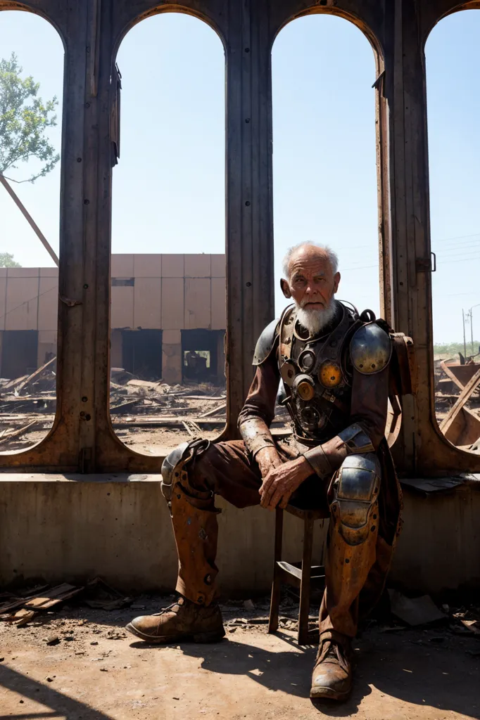 The image shows an old man sitting on a chair in a ruined building. He is wearing a strange suit of armor made of metal and leather and has a beard and a long white ponytail. He is looking out of the window at a ruined city. The sky is clear and blue.