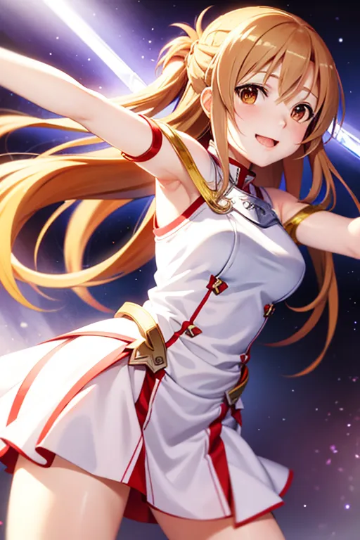 The image is of a young woman with long blonde hair and yellow eyes. She is wearing a white dress with a red sash and a white and red skirt. She is also wearing a pair of white boots. She is standing in a starry night sky with her arms outstretched. There are two swords floating behind her. The woman is smiling happily.