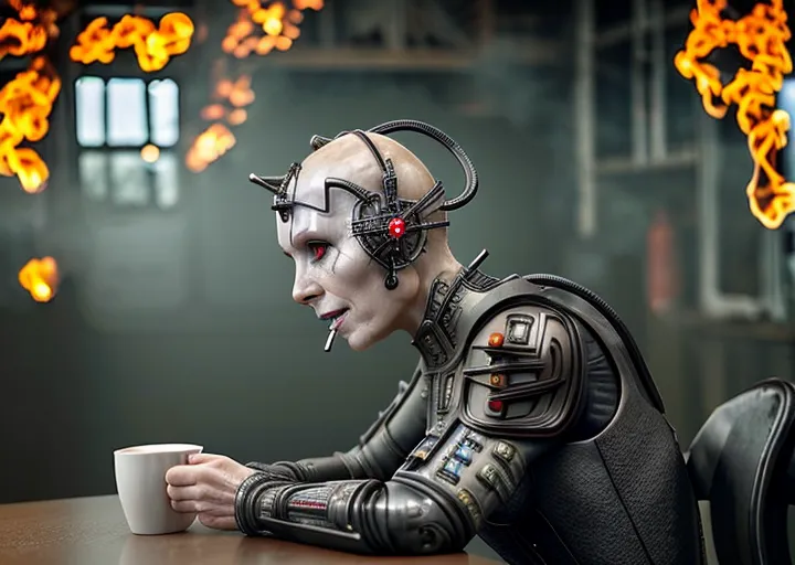 The image shows a bald, cybernetically enhanced woman sitting at a table, drinking from a cup. She is wearing a black leather jacket and a silver cybernetic chest plate. Her right hand is holding the cup, while her left hand is resting on the table. There is a red light on her cybernetic chest plate, and a small red light on her forehead. The background of the image is a dark, industrial setting with flames coming from the top.