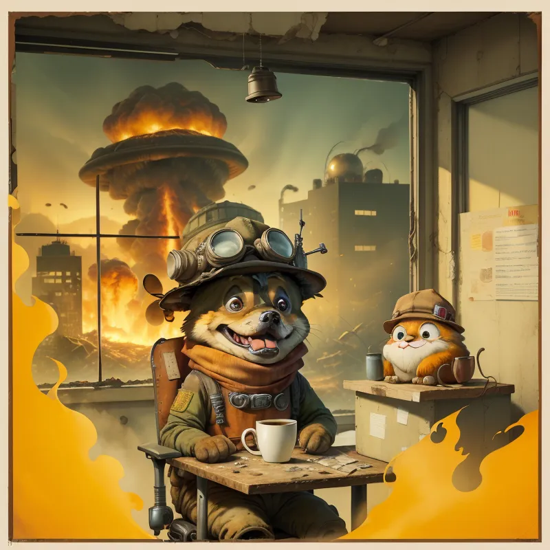 The image shows a post-apocalyptic scene. There is a dog wearing a hat and goggles sitting in a chair in a ruined office. The dog is holding a coffee cup and looking at the mushroom cloud outside the window. There is a cat sitting on a box next to the dog. The cat is wearing a hat and holding a teacup. The background of the image is a ruined city.