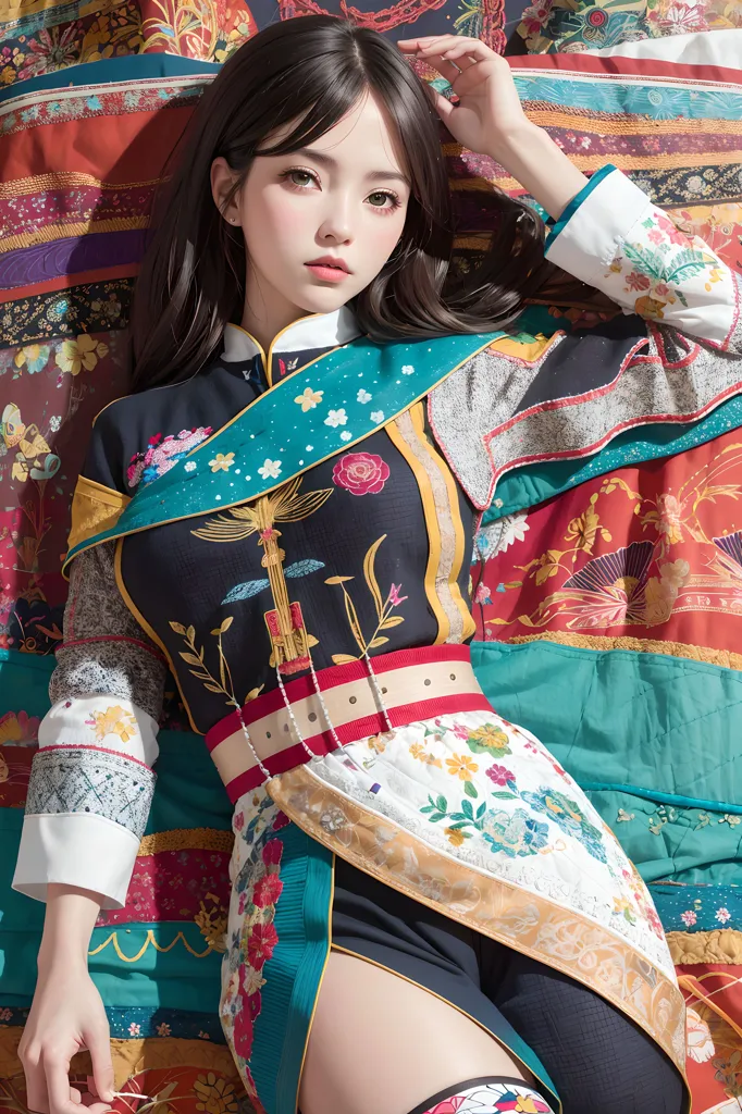 The image shows a young woman wearing a colorful traditional Chinese dress with intricate patterns and designs. She is sitting on a bed with a similar colorful pattern in the background. The woman has long dark hair and light makeup on her face. She is looking at the viewer with a serious expression.