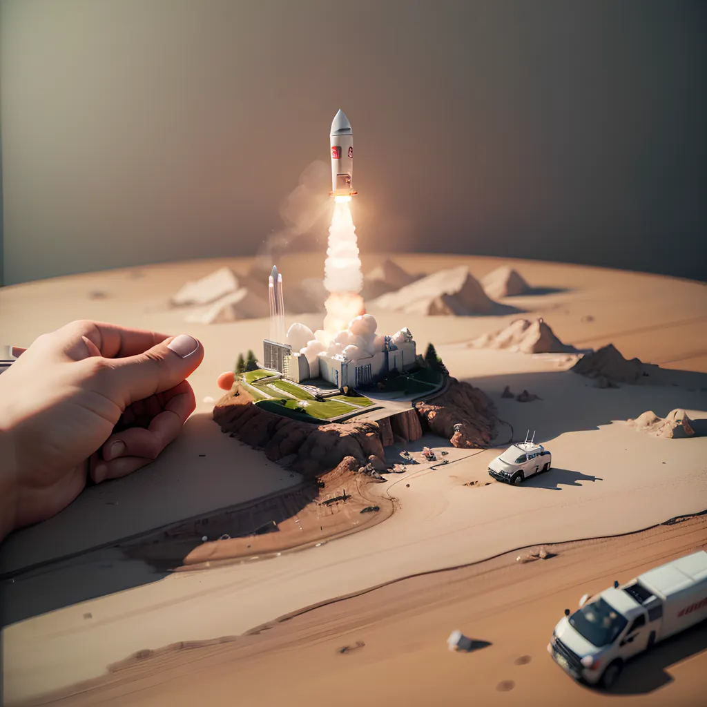 The image shows a hand holding a model rocket. The rocket is launching from a small launch pad, and there is a building and a van next to it. The rocket is surrounded by a desert landscape, and there are mountains in the background. The image is very realistic, and it looks like a real photograph.