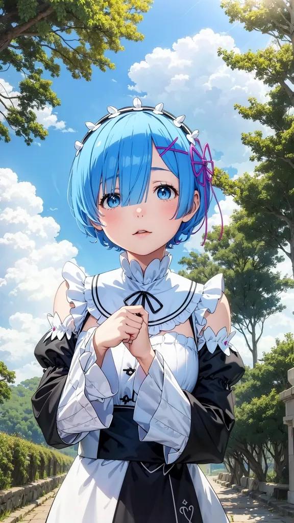 The image is of a young girl with blue hair and blue eyes. She is wearing a black and white maid outfit. There is a pink bow in her hair. She is standing in a forest and looking at the viewer.