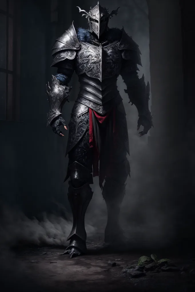 The image is a dark fantasy illustration of a knight in full plate armor. The knight is standing in a dark hallway, with a red curtain to his left and a green plant to his right. The knight is wearing a full suit of black plate armor, with a red sash around his waist. His helmet is horned and has a visor, and he is carrying a large sword in his right hand. The knight is surrounded by a dark mist, and his eyes are glowing red.