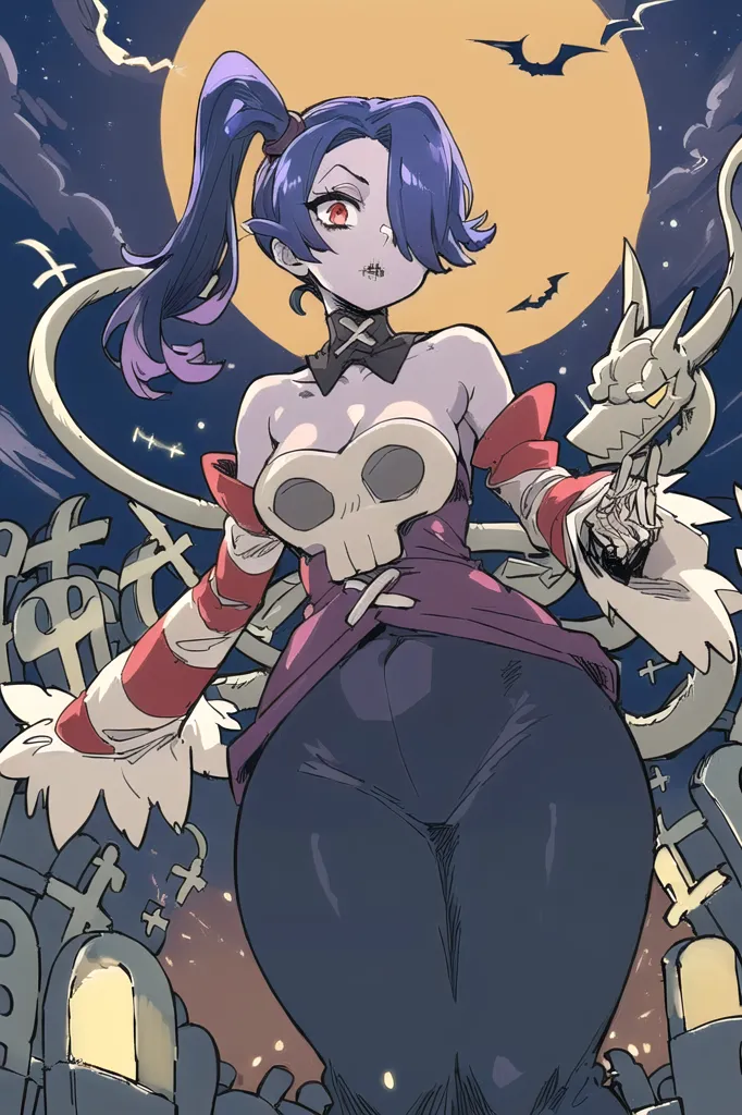 The image is of a woman with purple hair and red eyes. She is wearing a black and purple outfit with a skull on the front. She has a large snake-like creature wrapped around her arm and is holding a small skeleton creature in her hand. She is standing in a graveyard with a large moon in the background.