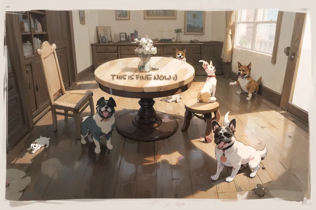 The image shows a room with a table, some chairs, and five dogs. The dogs are of different breeds and sizes. They are all sitting or standing around the table. On the table is a vase of flowers. The room is lit by a large window. There is a door on the left side of the room. The floor is made of wood. The walls are painted white. The ceiling is high. The room is furnished with simple furniture. The dogs are all different colors. The one in the foreground is black and white, the one behind it is brown and white, the one on the left is white, the one on the right is brown, and the one in the back is black. They are all looking at the camera.