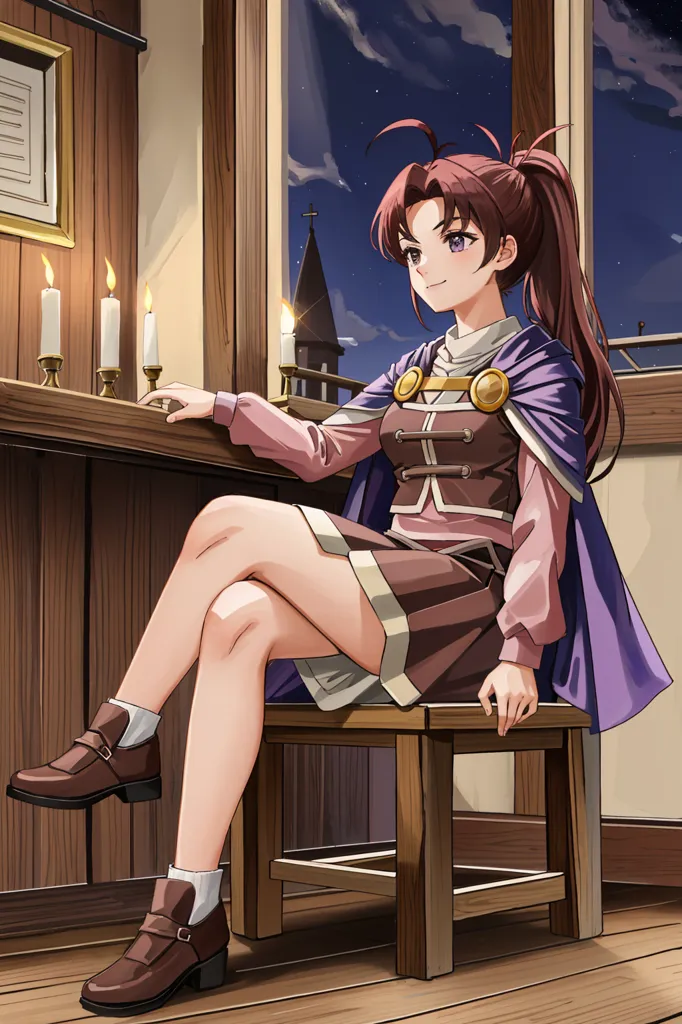 The image is of a young woman sitting on a chair in a room. She is wearing a brown skirt, a white blouse, and a purple cape. She has brown hair and purple eyes. There are candles on the table next to her and a window behind her showing a night sky.