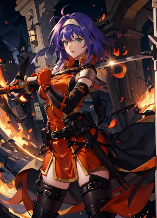 This is an image of a female knight. She has purple hair and green eyes. She is wearing a red and orange outfit with a white cape. She is also wearing a pair of brown boots. She is holding a sword in her right hand. There is a fire in the background. She is standing in front of a building.