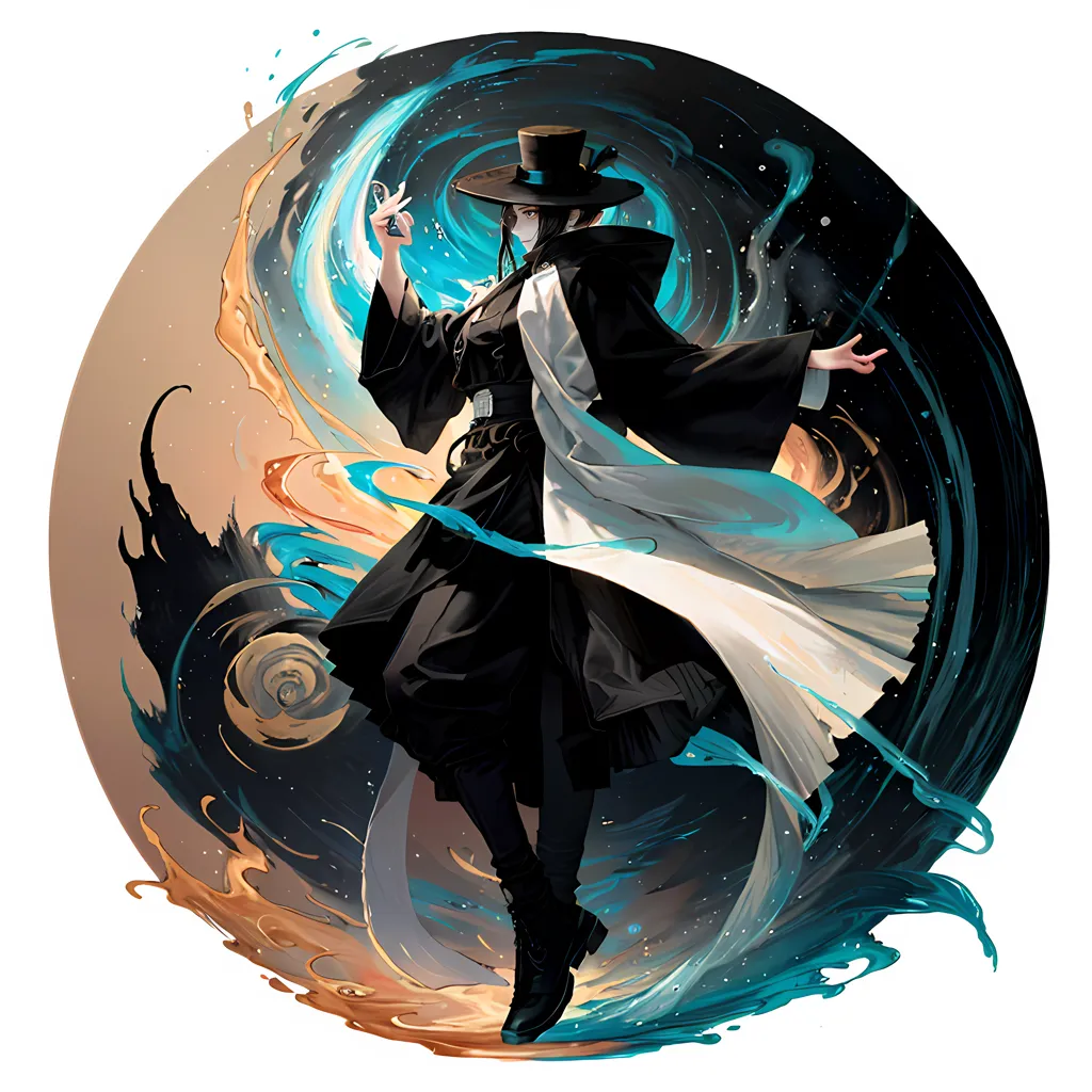 The image is a depiction of a person in a black hat and coat, with long white hair and blue eyes. They are standing in a circle, with one foot on each side of a yin-yang symbol. The person is holding a small blue object in their right hand. The background is a swirling vortex of blue and orange. The person is wearing a black hat with a wide brim and a white feather. Their coat is long and black, with a white sash tied around the waist. The person's boots are black and they have a white scarf around their neck. The yin-yang symbol is black and white, with the black half on the left and the white half on the right. The blue vortex is on the left side of the circle, and the orange vortex is on the right side.