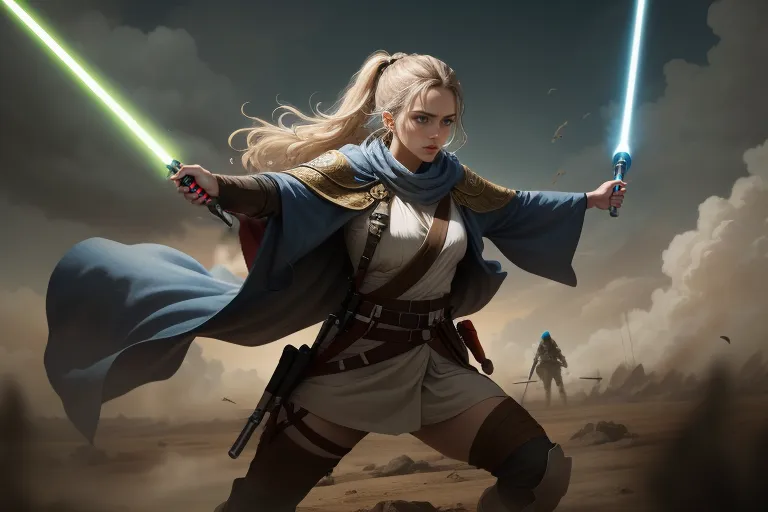 Ceci est une image d'une femme blonde vêtue d'un ensemble blanc et marron, tenant deux sabres laser, l'un vert et l'autre bleu. Elle se tient dans un paysage désertique sous un ciel nuageux. Elle est en position de combat, prête à attaquer.