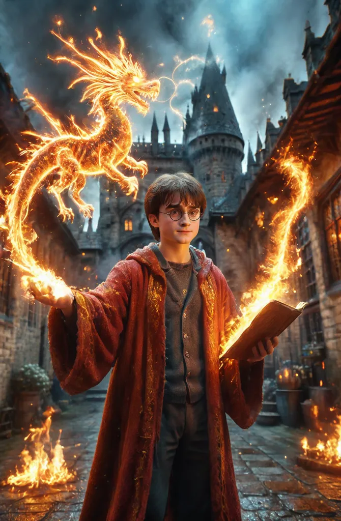 The picture shows Harry Potter, a boy wizard, in a scene from the movie “Harry Potter and the Goblet of Fire”. He is standing in front of Hogwarts Castle, with a dragon flying behind him. Harry is wearing his school uniform, a red and gold robe, and he is holding a book. He has a determined look on his face, as if he is about to cast a spell. The dragon is breathing fire, and the flames are licking at the walls of the castle. The scene is set at night, and the sky is dark and stormy.