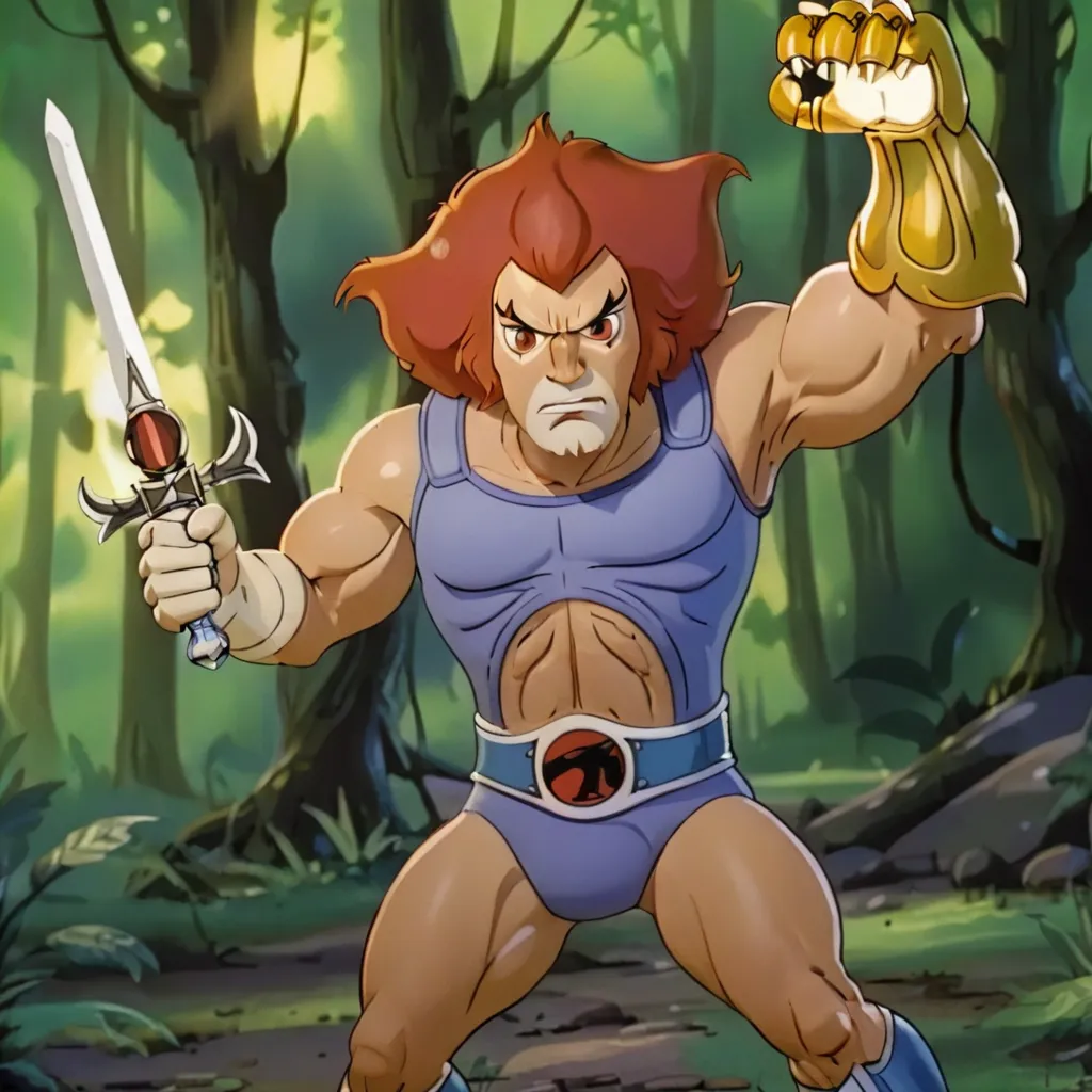 The picture shows a muscular man with a sword and a golden glove. He is wearing a blue loincloth and has long red hair and a beard. He is standing in a forest and looks like he is ready to fight.