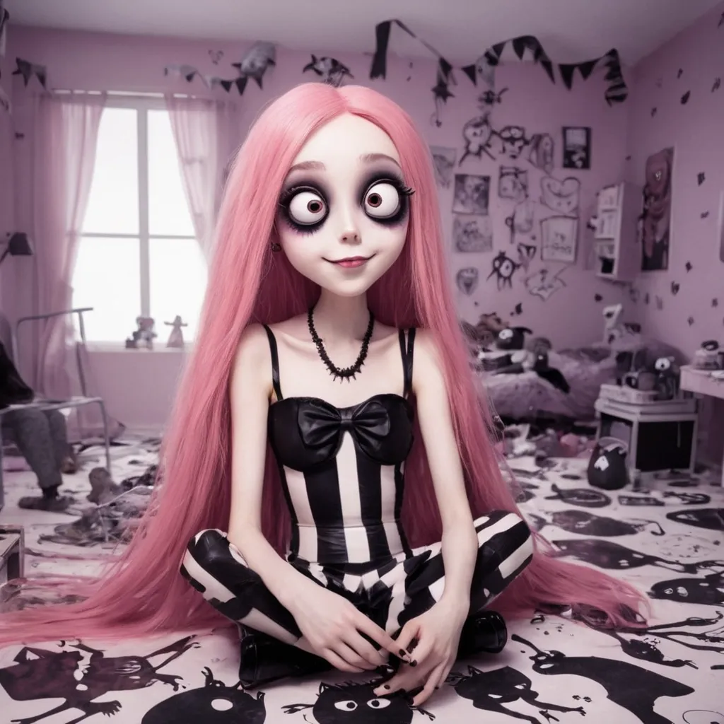 The image is a photo of a doll with pink hair and black eyes. She is wearing a black and white striped dress with a pink bow. She is sitting on the floor of a messy room. The floor is covered in toys and clothes. The walls are decorated with posters and drawings. The room is lit by a single window. The doll is looking at the camera with a blank expression.