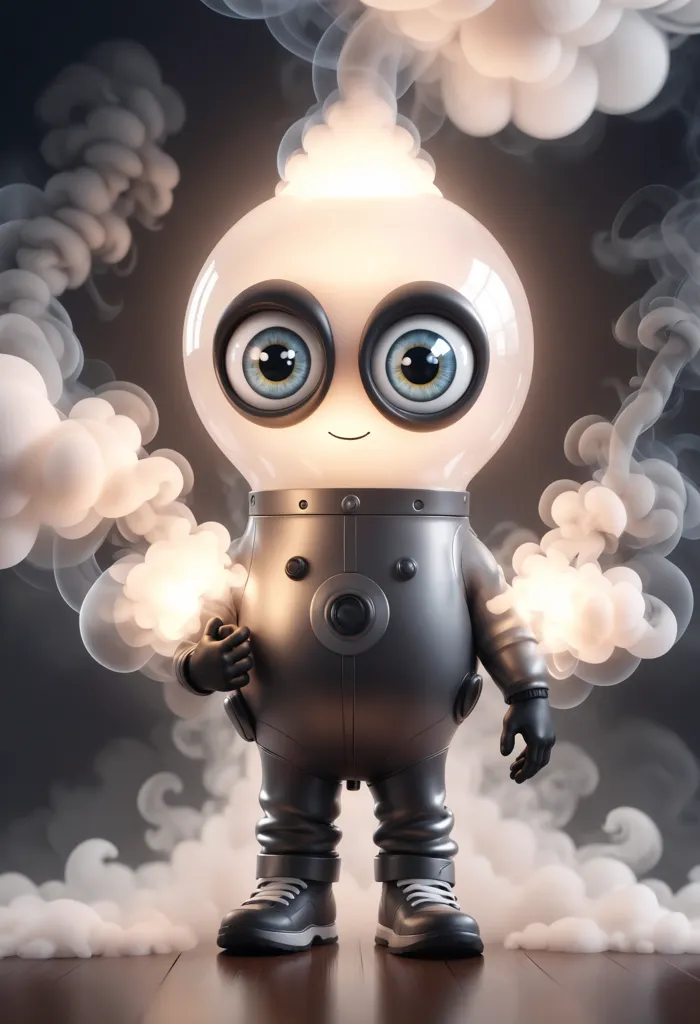 The image shows a cute robot. It has a light bulb for a head, with two big blue eyes. It is wearing a silver spacesuit with black gloves and sneakers. It is standing in a dark room, with white smoke or clouds around it. The robot is smiling and has its right hand raised, as if it is greeting someone.