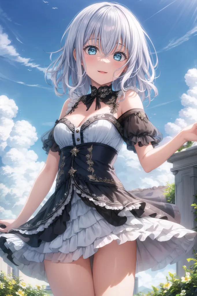 The image is a beautiful anime girl with white hair and blue eyes. She is wearing a black and white dress with a white lace collar. The dress has a corset-like top with a sweetheart neckline, off-the-shoulder sleeves, and a full skirt with a ruffled hem. She is standing in a garden, surrounded by flowers and plants. The background is a blue sky with white clouds. The girl is smiling and looks happy.