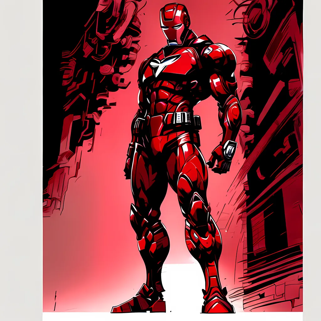 The picture shows a superhero wearing a red and black suit of armor. The character is standing in a heroic pose, with one hand on his hip and the other raised in the air. The background is a dark, fiery red, with a few streaks of light shining through. The character's eyes are glowing white, and his mouth is set in a determined expression.