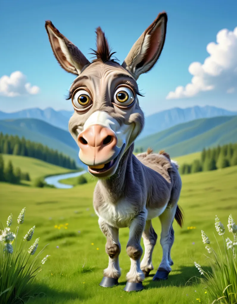 The image is a 3D rendering of a cartoon donkey. The donkey is standing on a green field, with a river and mountains in the background. The donkey has big eyes, a pink nose, and a long tail. It is smiling and looks happy.