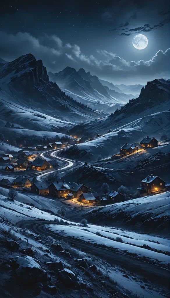 The image is a beautiful winter landscape. The snow-capped mountains are majestic and the moon is shining brightly, casting a silvery glow over the scene. The village is nestled in the valley and the lights from the houses are twinkling like stars. The trees are bare, but they are still beautiful in their own way. The snow is thick on the ground and it looks like a perfect day for skiing or snowboarding. The image is peaceful and serene, and it讓人想起童話故事。