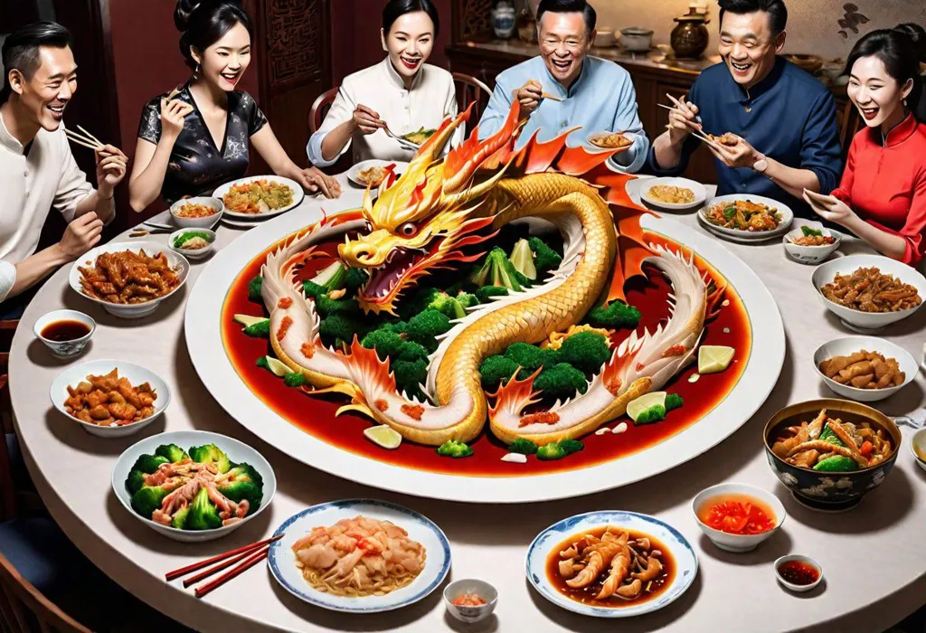 The picture shows a family sitting around a table and eating a large meal. The table is filled with many different dishes, including a large dragon-shaped dish in the center. The family members are all smiling and appear to be enjoying their meal. The background of the picture is a traditional Chinese-style room.