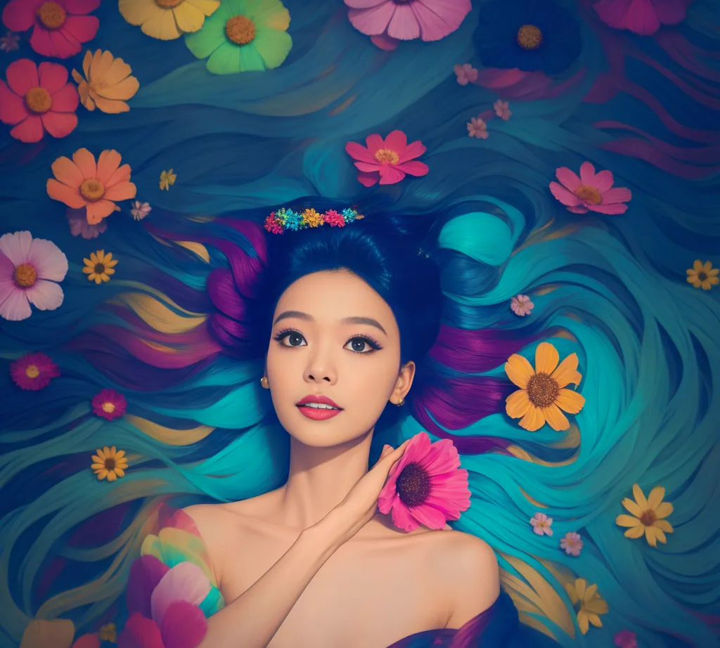 The image is a depiction of a woman with long, flowing hair that is a rainbow of colors. She is lying on a bed of flowers, and there are also flowers in her hair. The background is a dark blue color. The woman is wearing a colorful headband and has a flower in her hand. She is looking at the viewer with a serene expression on her face.