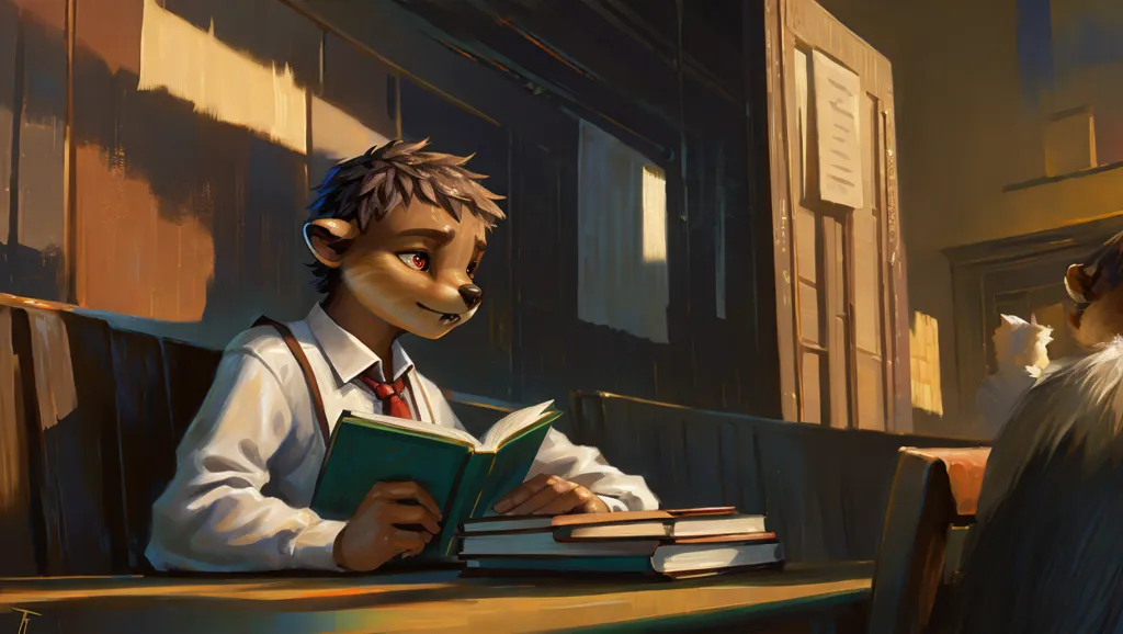 Esta imagen muestra a un personaje furry masculino, que parece ser una comadreja, sentado en una mesa en una biblioteca, leyendo un libro. Lleva una camisa blanca y una corbata roja. Hay una pila de libros sobre la mesa junto a él. Tiene el cabello castaño y los ojos rojos. Hay otra figura sentada en una mesa en el fondo.