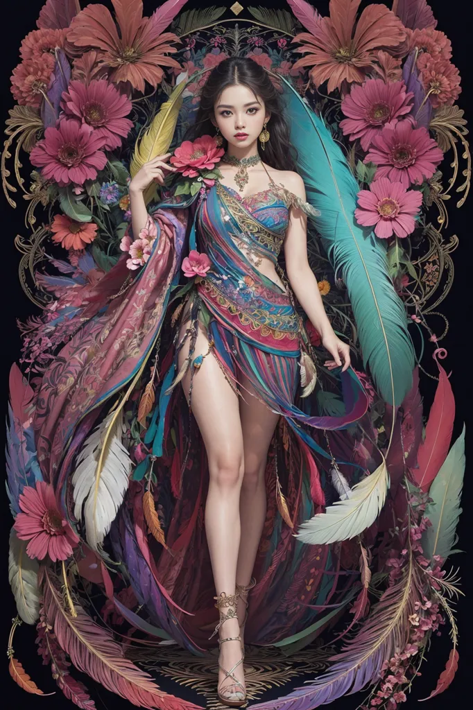 This is an image of a woman wearing a colorful outfit made of feathers and flowers. She is standing in front of a dark background with a pink flower in her hand. The woman has long black hair and is wearing a necklace made of pink flowers. Her outfit is made of feathers of various colors, including pink, blue, and green. She is also wearing a pair of gold sandals. The woman is standing in a graceful pose and has a serene expression on her face.