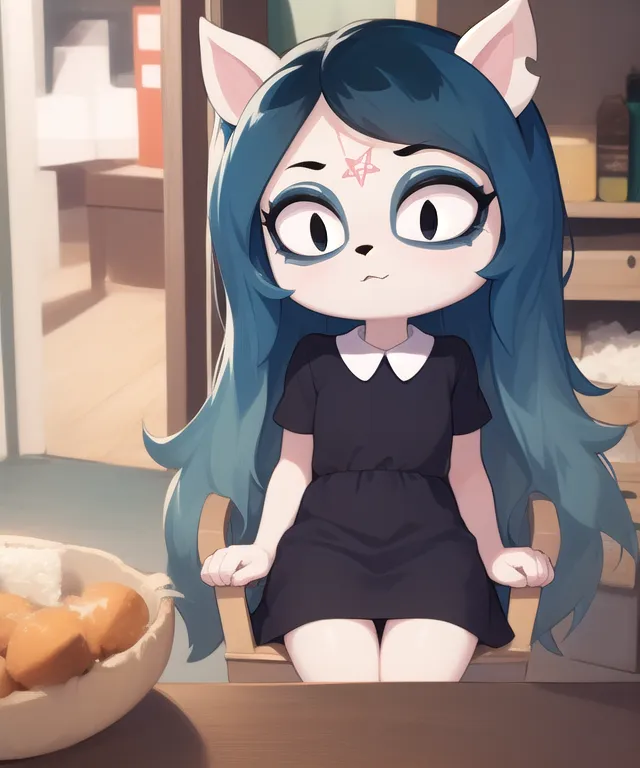 L'image est une chatte-fille de dessin animé assise sur une chaise dans une cuisine. Elle a les cheveux bleus, la peau blanche et des oreilles de chat. Elle porte une robe noire avec un col blanc. Elle a une expression surprise sur le visage et regarde un bol d'œufs sur la table.